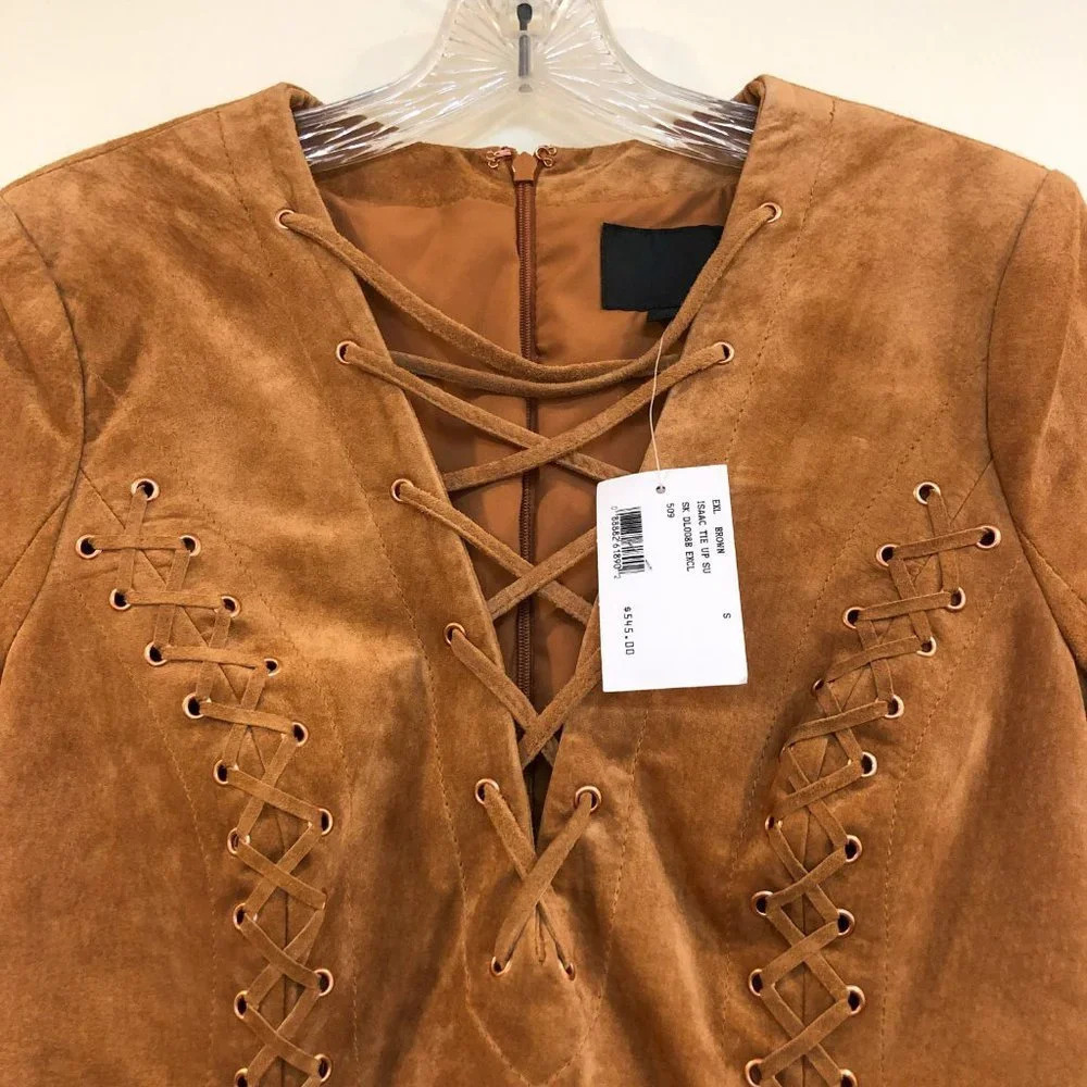 NEW Intermix Leather Lace Up Long Sleeve V Neck Mini Dress Small FLAWED - Picture 5 of 11